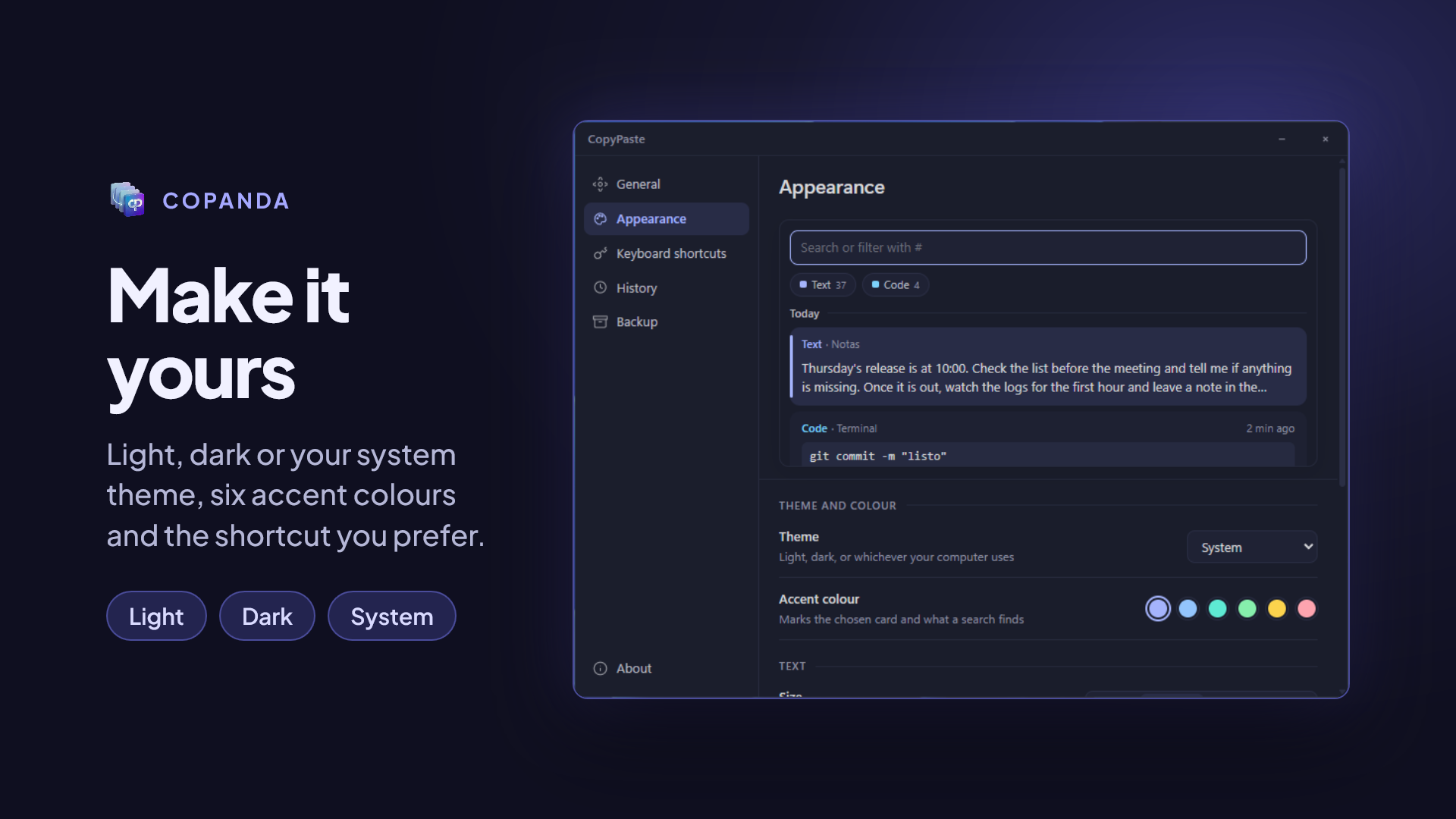 The Appearance section of Settings